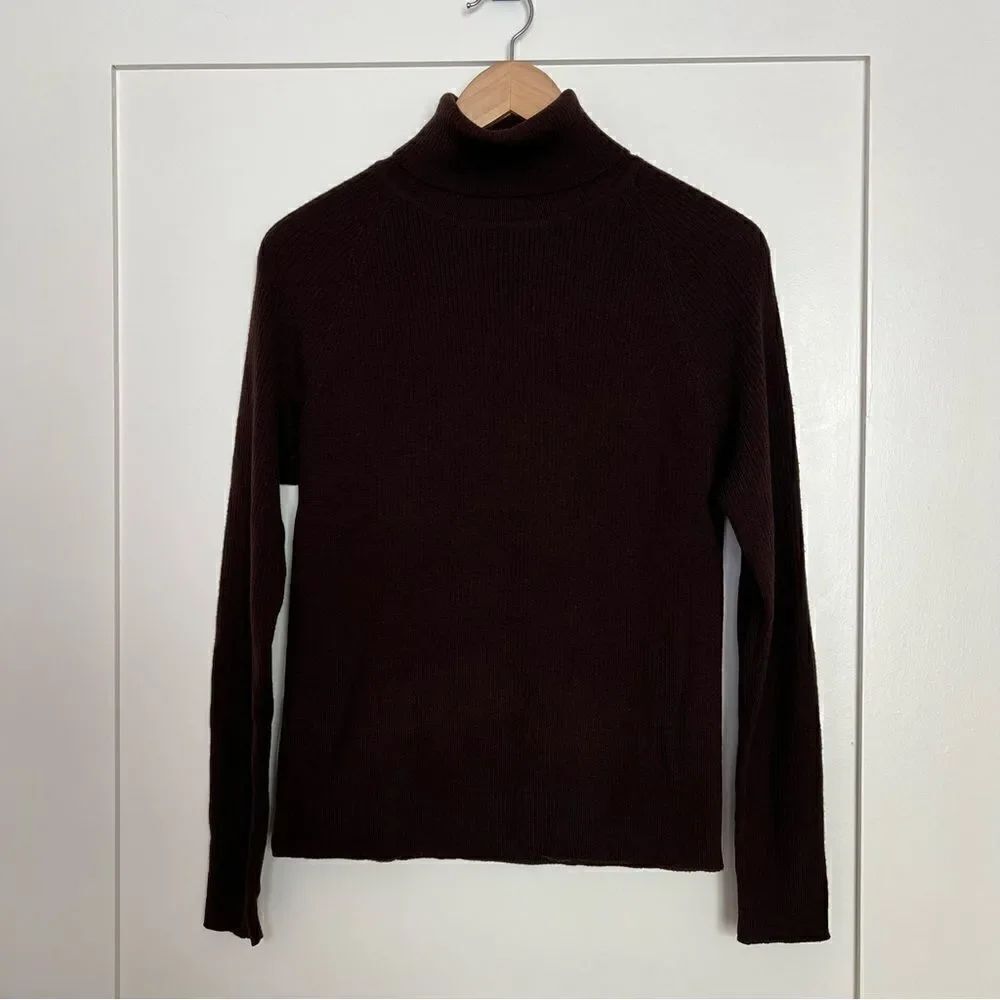 Bloomingdale's Yes Sweater Women Large Brown 100% Merino Wool Turtleneck Stretch